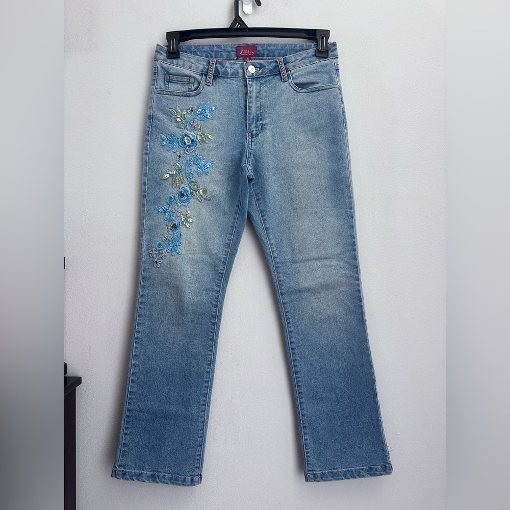 Vintage Azita Jeans Straight Leg Floral Embroidered & Sequins Rhinestone Size 6